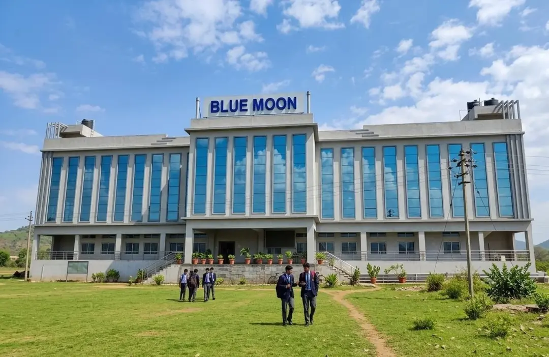Blue Moon school building and students