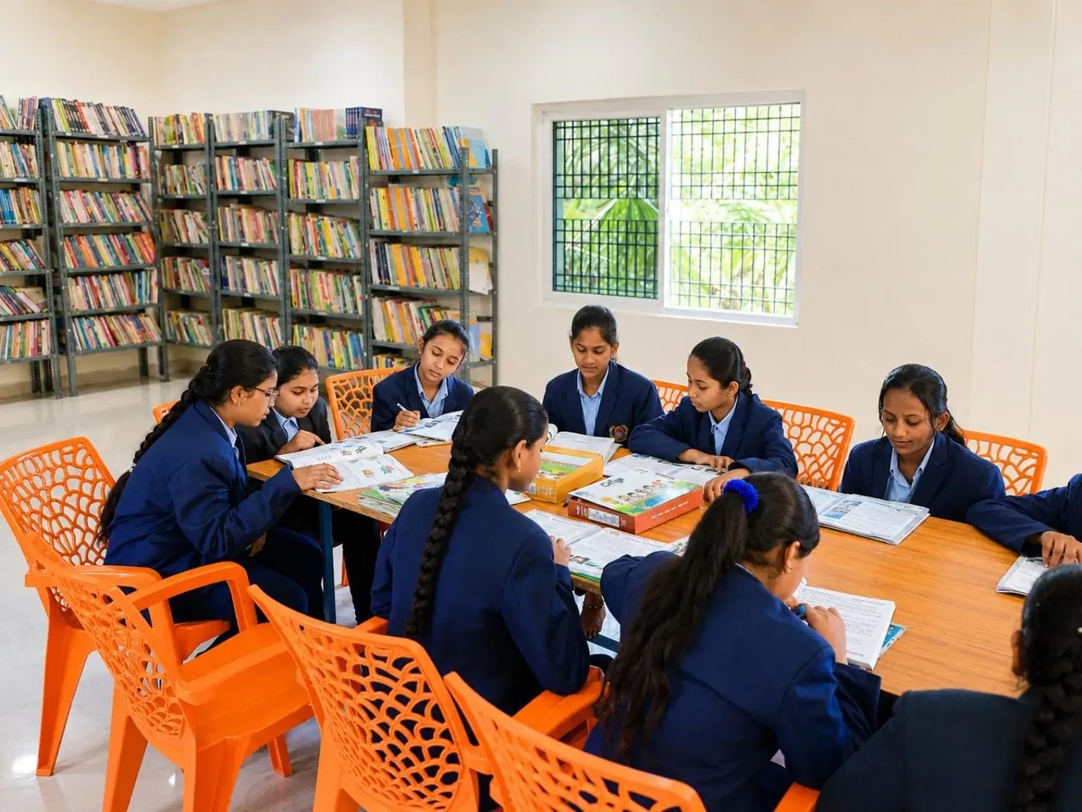 Students learning in the Blue Moon School library